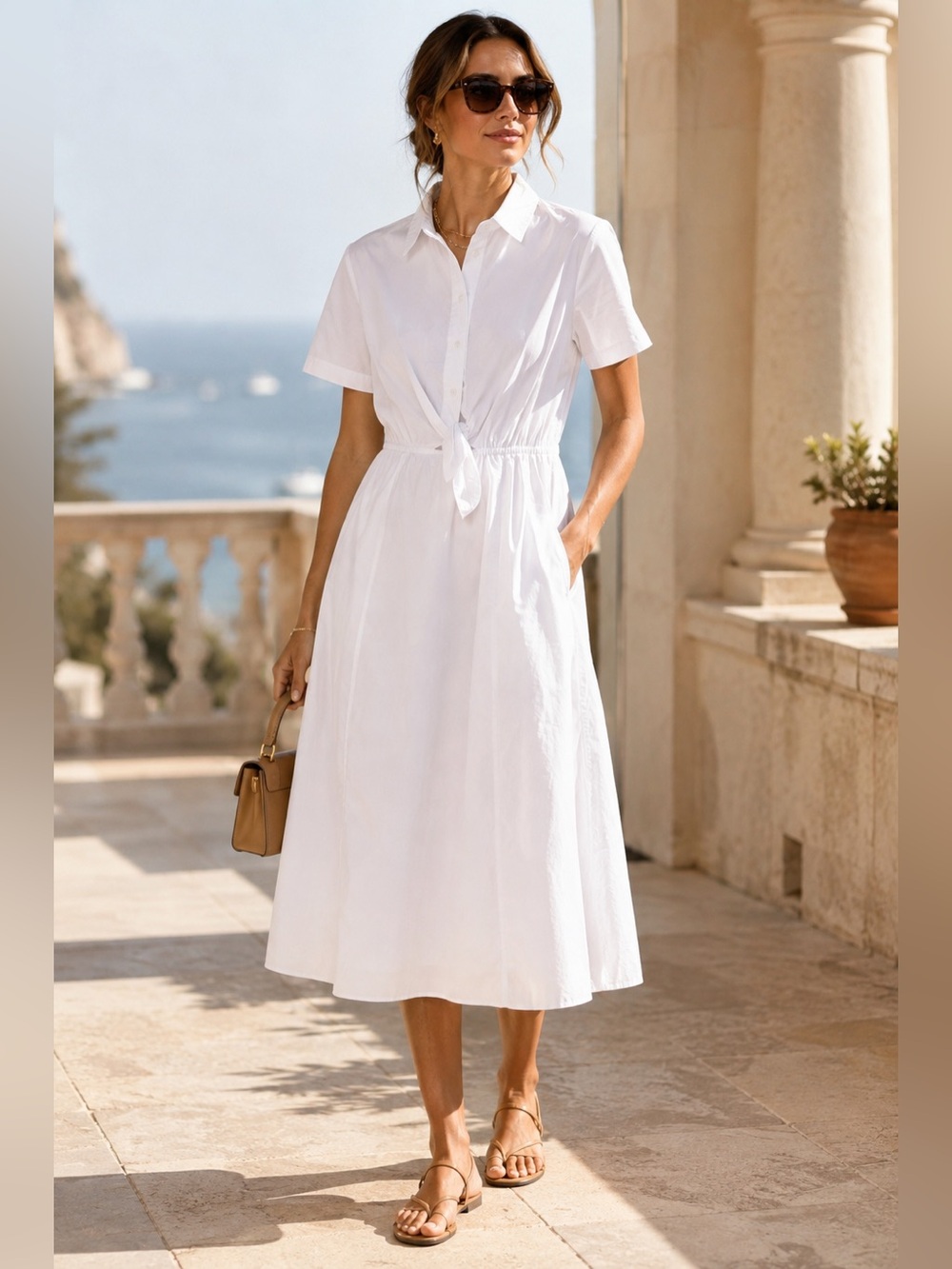 NWT Thakoon White Cotton Tie Front Shirt Dress Size 4 Midi Collared Poplin